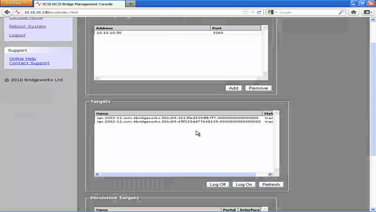 Logging on to an iSCSI target from your Bridgeworks Bridge or Node using the iSCSI initiator