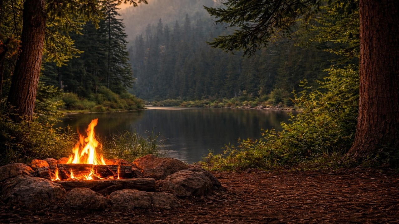 Fireplace Riverside campfire, Firepit Ambience, Flowing River & Fire sounds
