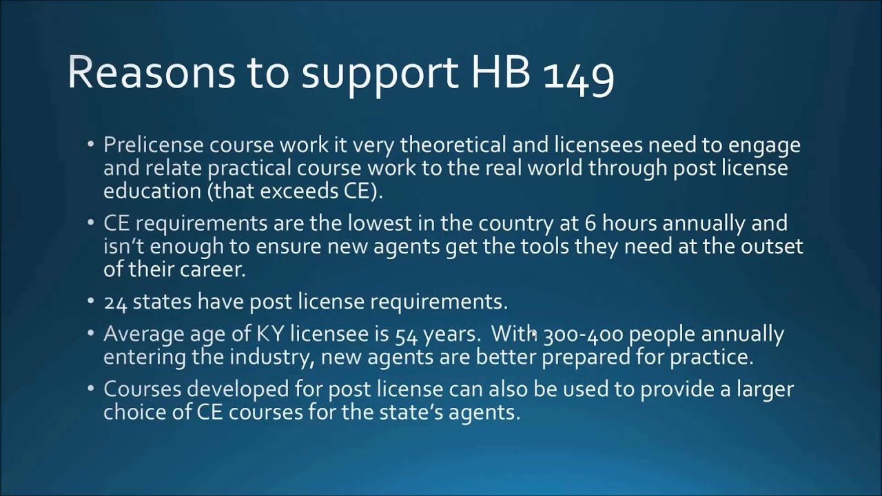 HB149 (Post License Real Estate Education) Explanation