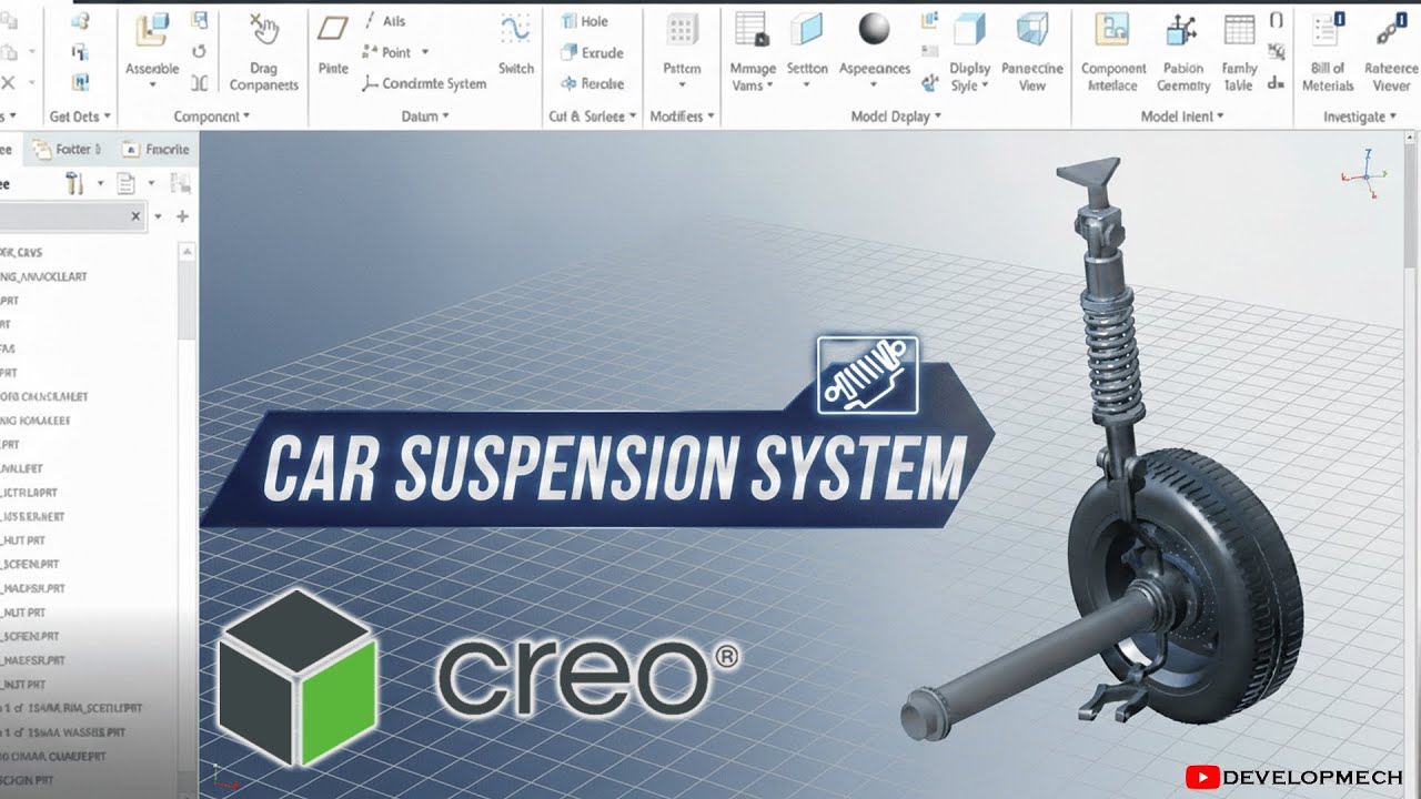 Car Suspension System Assembly in PTC Creo | Shock Absorber & Wheel Modeling Tutorial | DEVELOPMECH