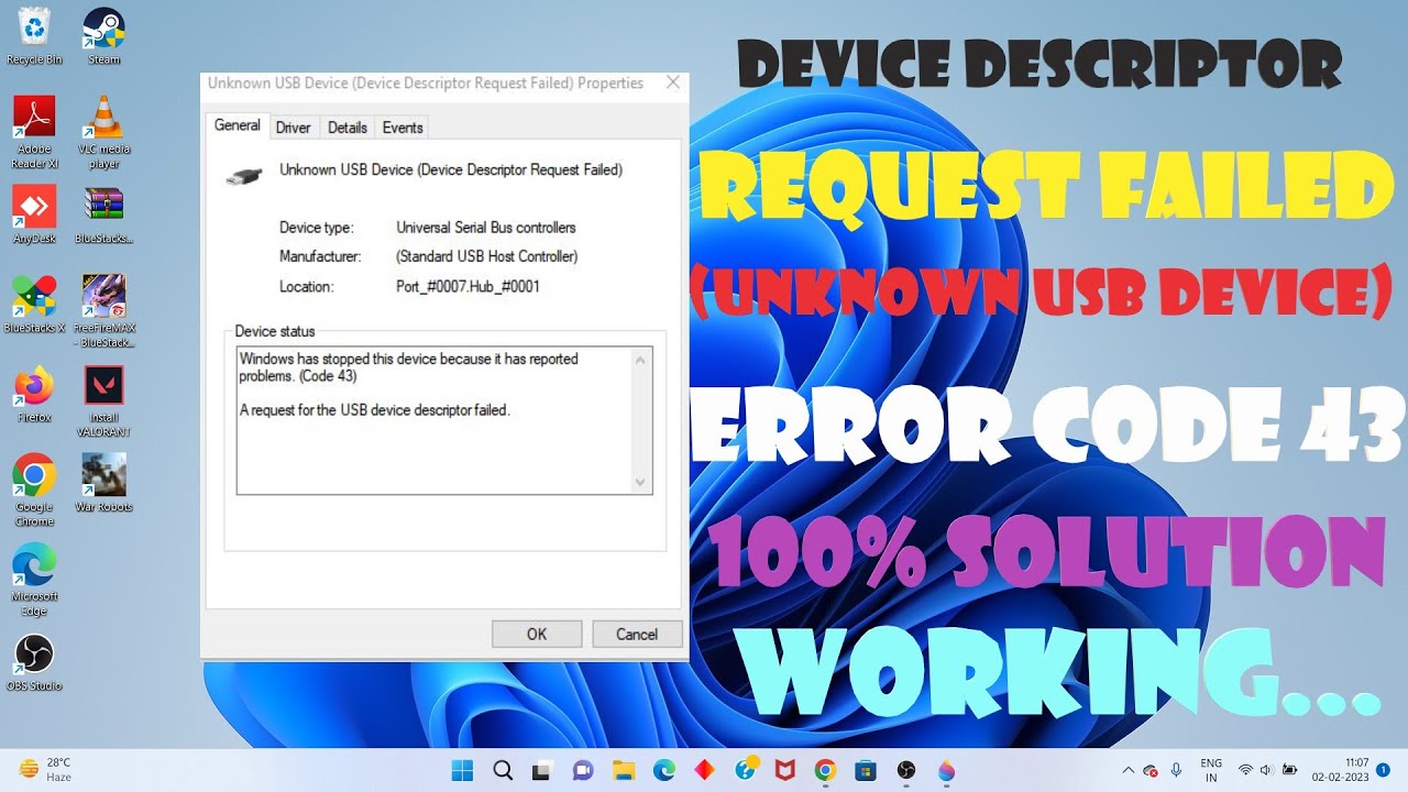 unknown USB device - device descriptor request failed - code 43