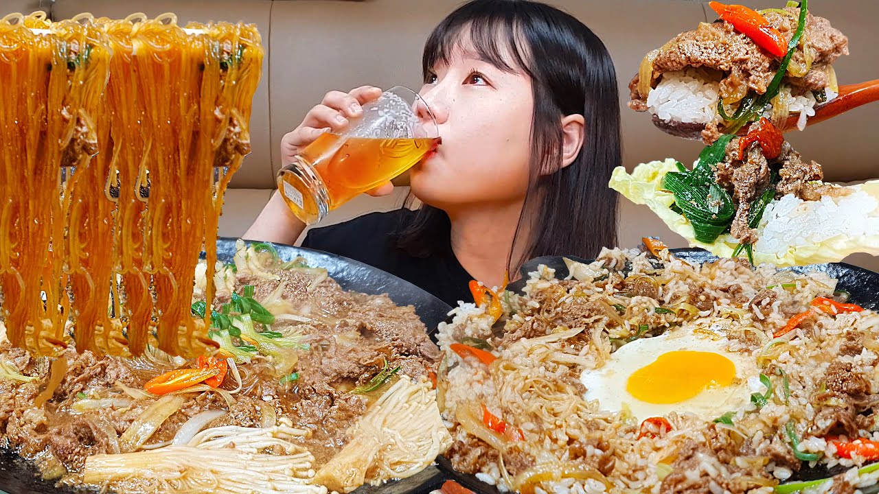 [Мук-бэнг] Подзаголовок) Bulgogi (мясо в соевом соусе) и гриб эноки и жареный рис🍺