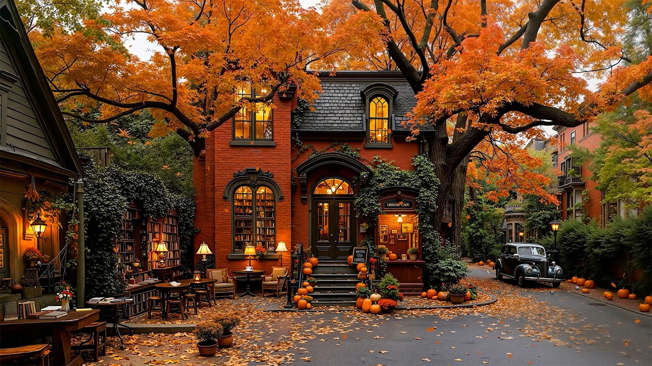 Peaceful Autumn Old Library Caf&eacute; 🍁 Warm Jazz Ambience with Falling Leaves for Reading & Good Mood ☕