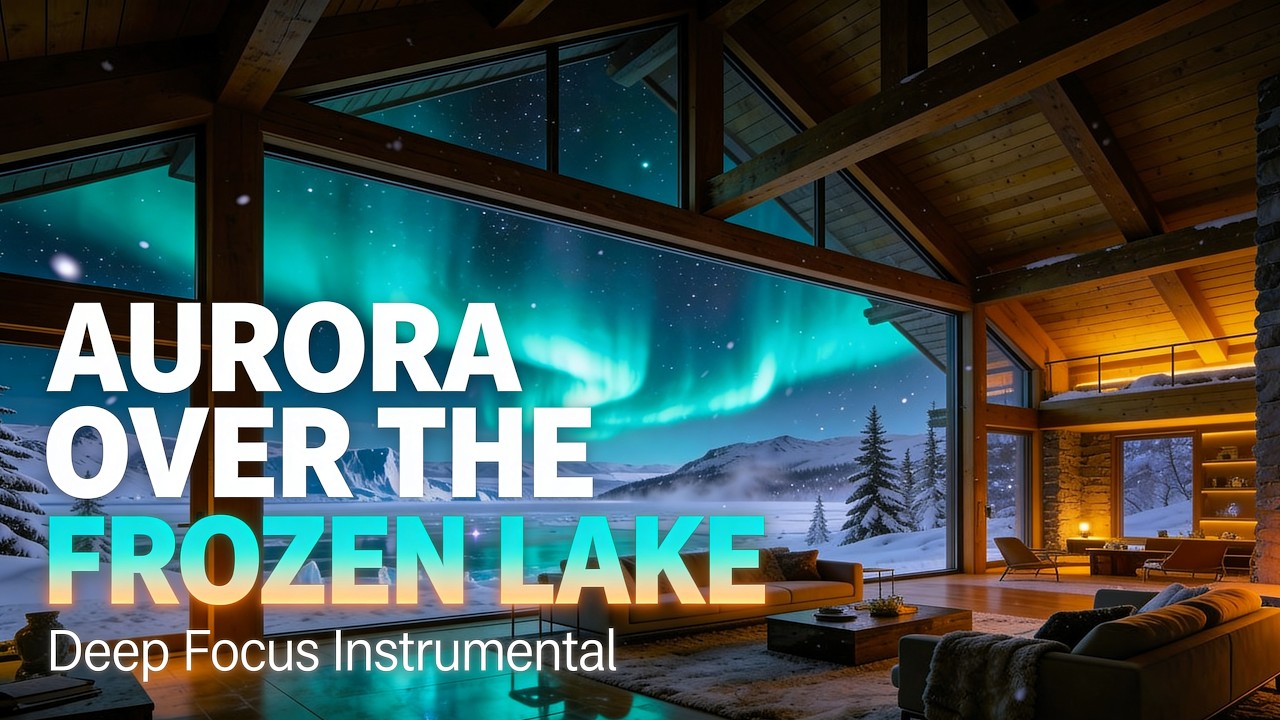 Aurora Over the Frozen Lake | Cozy Arctic Cabin Fireplace View