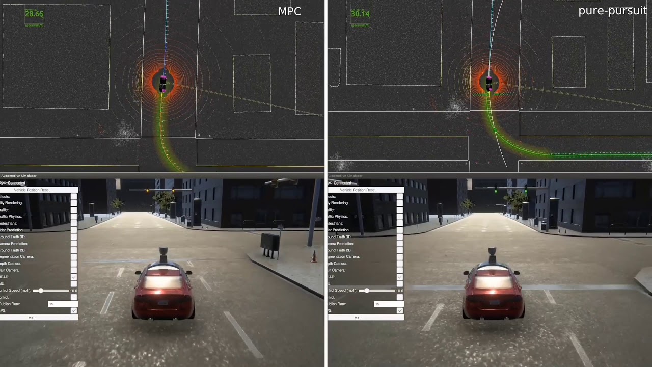 Comparing pure-pursuit and MPC for Autoware trajectory following with LGSVL simulator