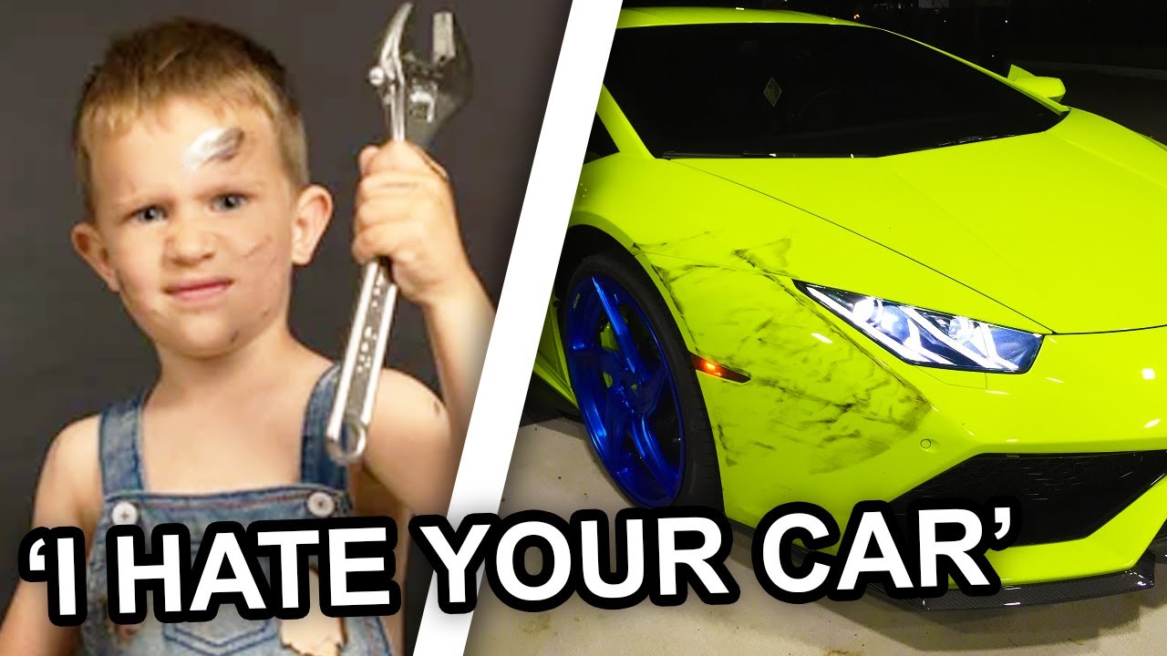 spoiled kid THROWS WRENCH at car...