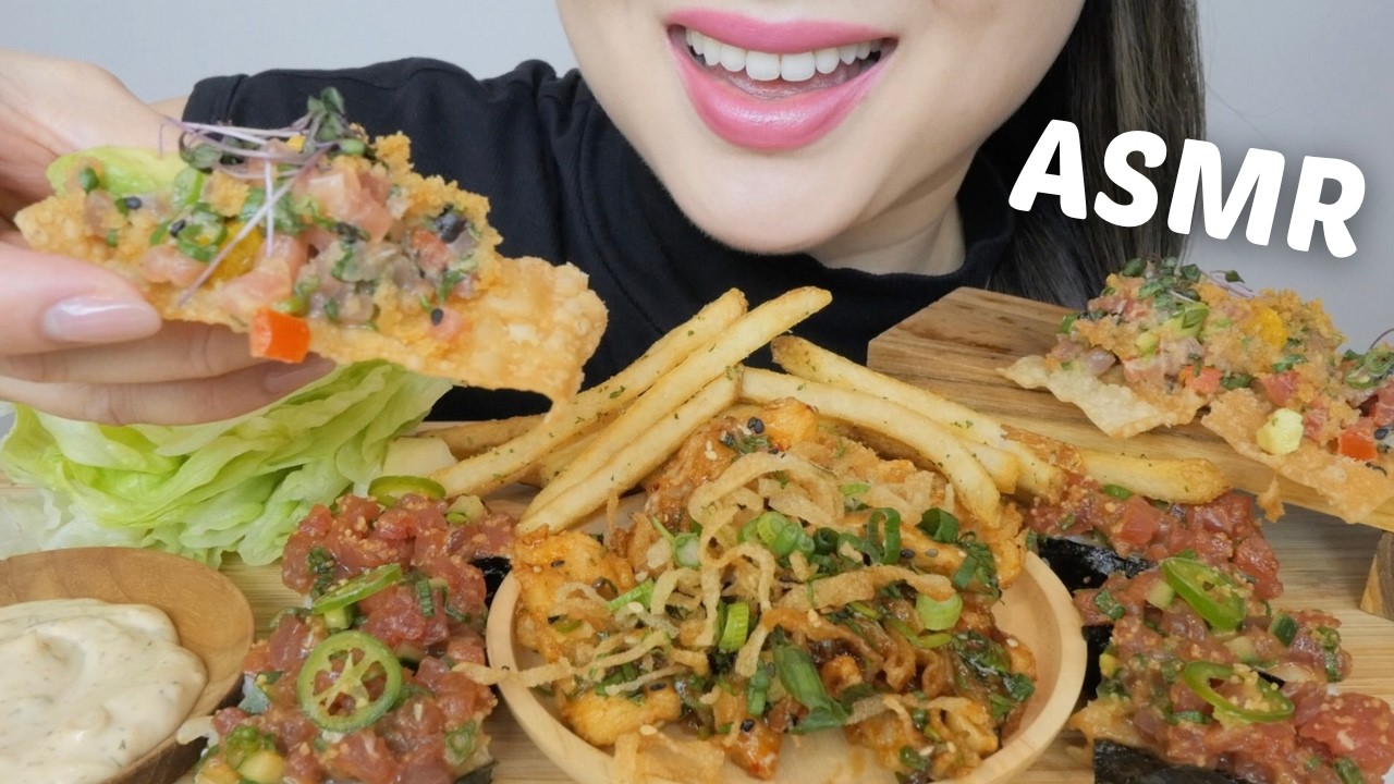 ASMR *Tuna Stack, Tuna Maki with Chicken Lettuce Wrap and Truffle Fries NO Talking Eating Sounds| NE