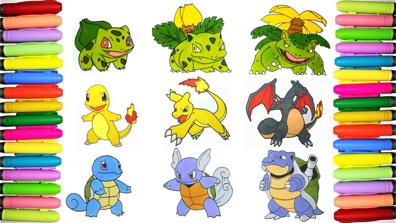 Coloring all Gen 1 Shiny Starter Pokemon - Pokemon coloring book