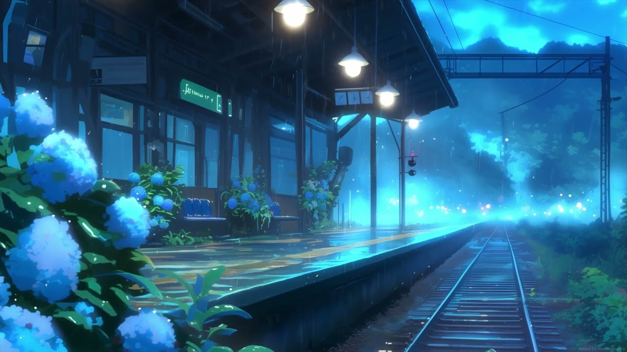 Japanese Countryside Train Station | Peaceful Rain ASMR  Night Ambience for Sleep Study & Relaxation