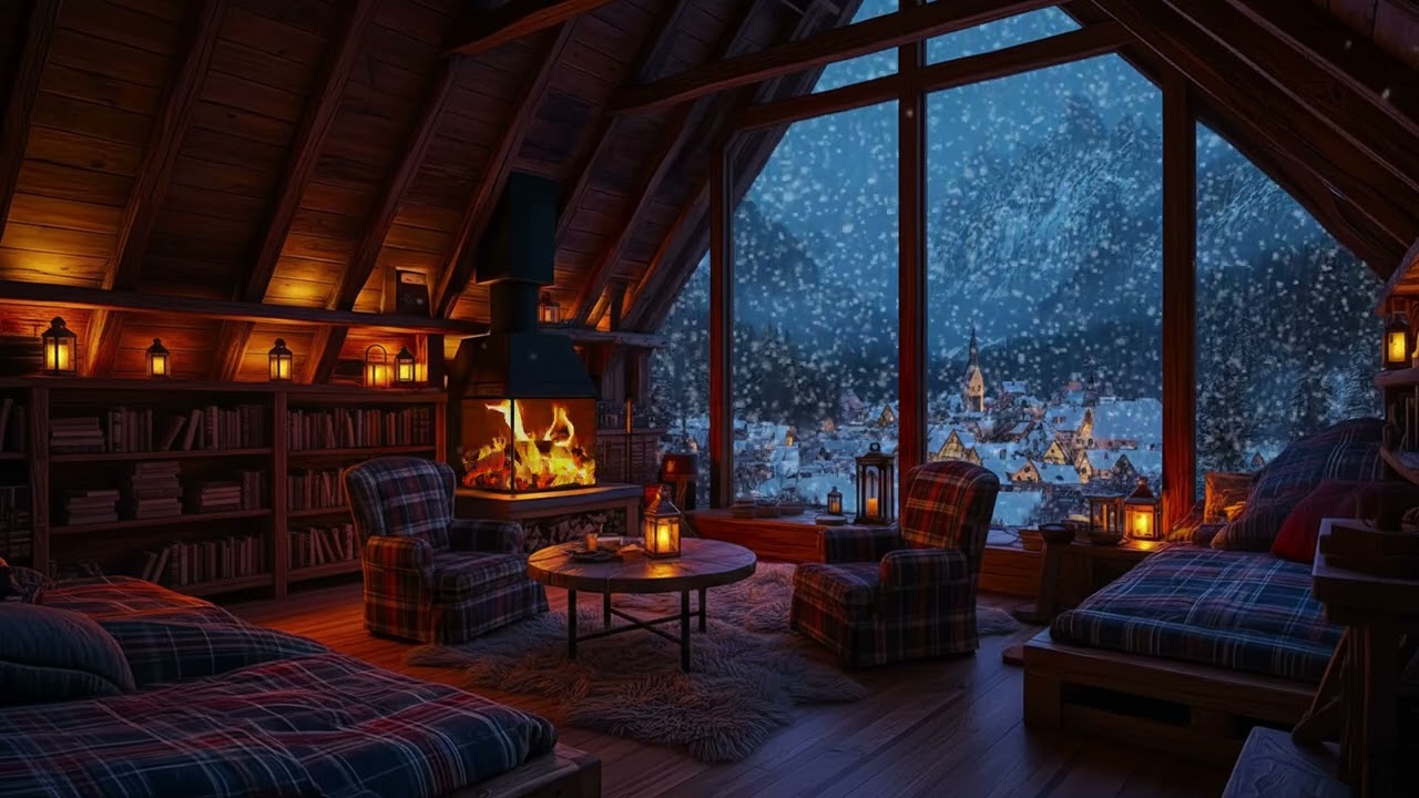 Winter Cabin Snow Ambience & Warm Fireplace Crackling for Deep Sleep, Relax & Focus