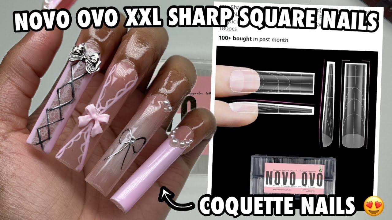 Watch Me Work: Coquette Lace Nails | Trying Novo Ovo XXL Sharp Square Full Cover Nail Tips
