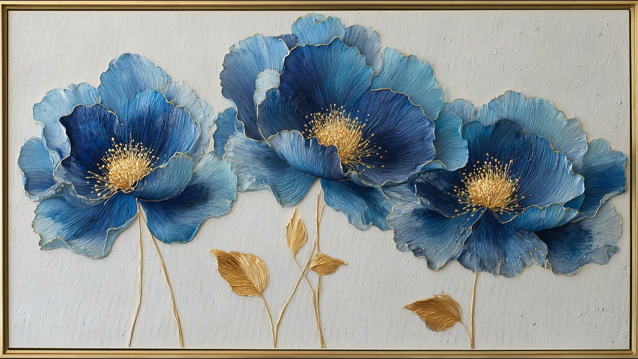 TV Art Screensaver | Blue Floral Painting in Gold Frame | 2 Hours Calm 4K Art Display
