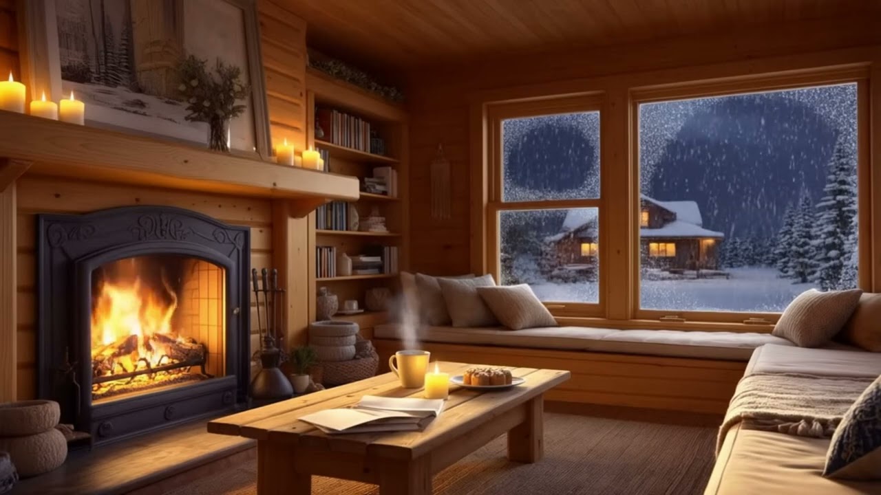 Cinematic Winter Cabin Night | Warm Fireplace & Falling Snow in 4K