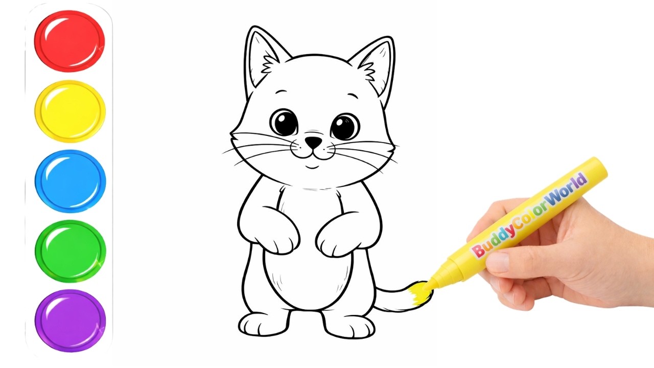 How to Color a Cute Kitten Standing with Paws in Front 🐱 | Coloring for Kids