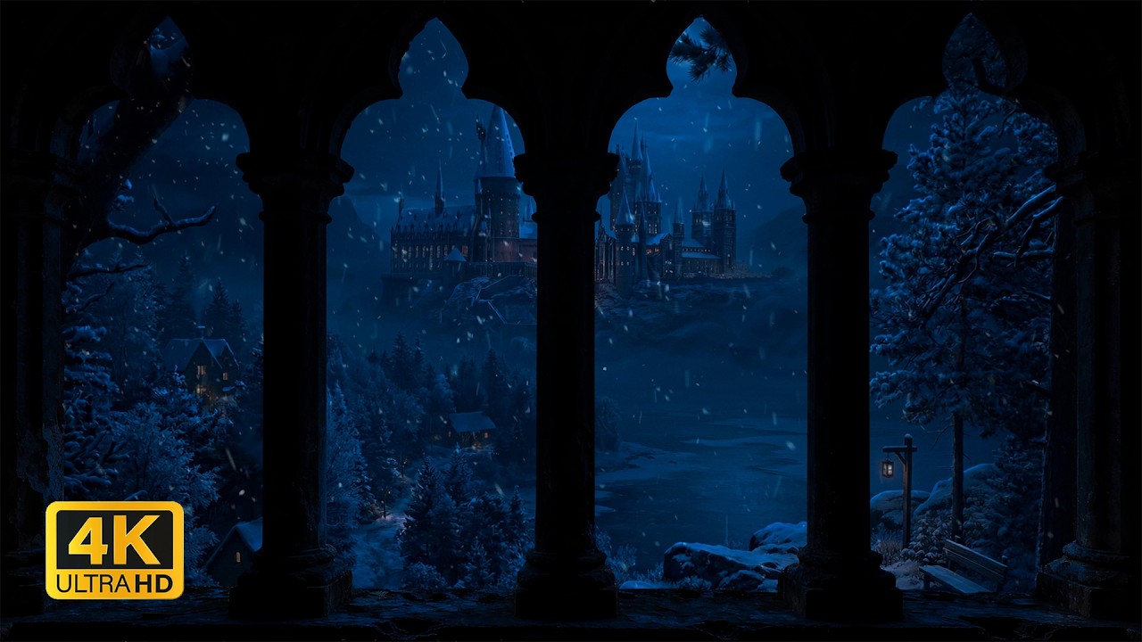 Winter Wizarding Night at Hogwarts in 4K ❄️ Cozy Window Ambience with Blizzard & Wind Sounds