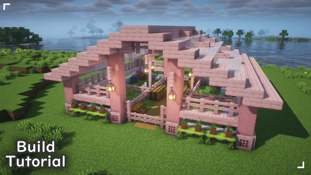🌸Cherry Blossom Barn w/ Glass Roof 🐮 | Minecraft Build Tutorial