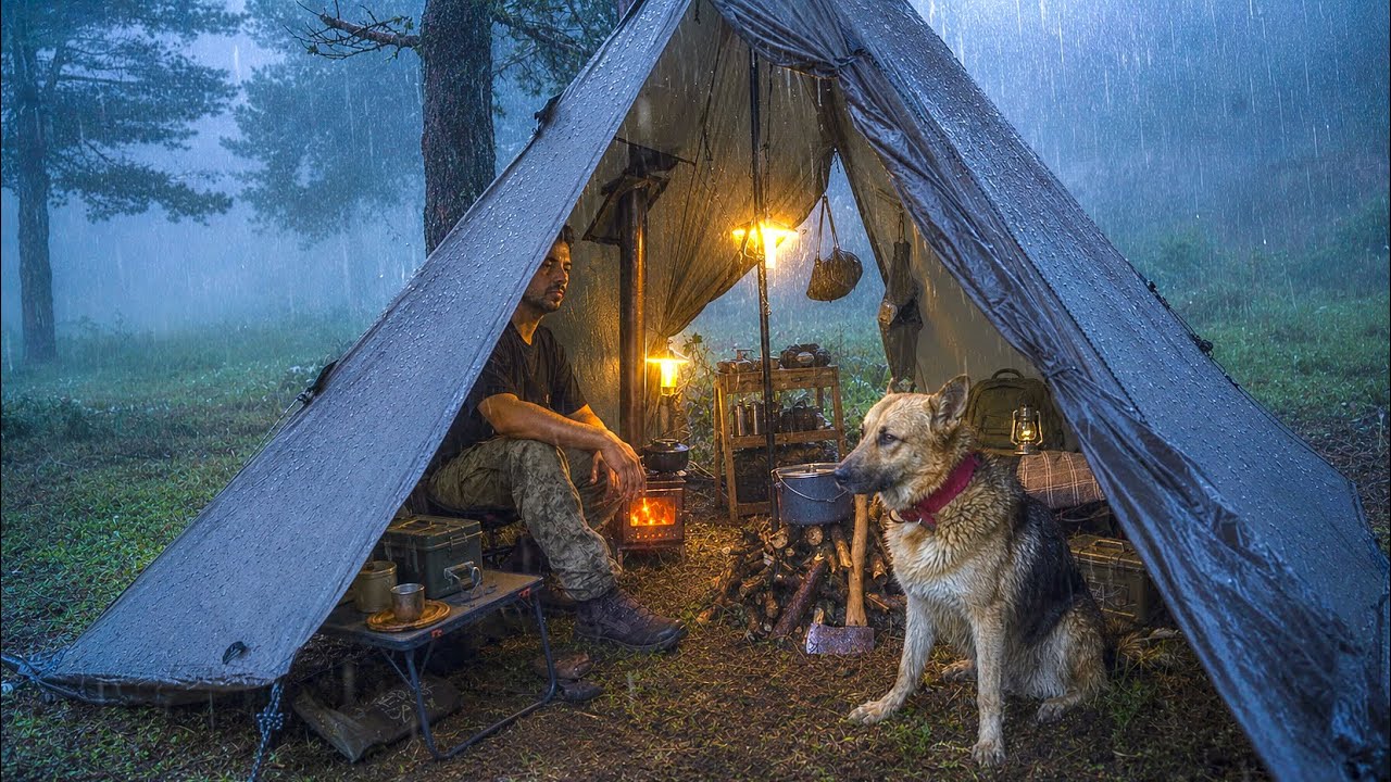 Hot Tent Camping With My Dog in Heavy Rain! &ndash; A Wolf Came to Our Camp!