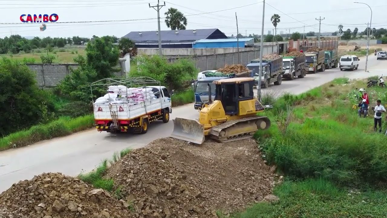 Incredible Start Project LANDFILL By Expert Driver Dozer KOMATSU DR51PX &5 Trucks Unloading SoilRock