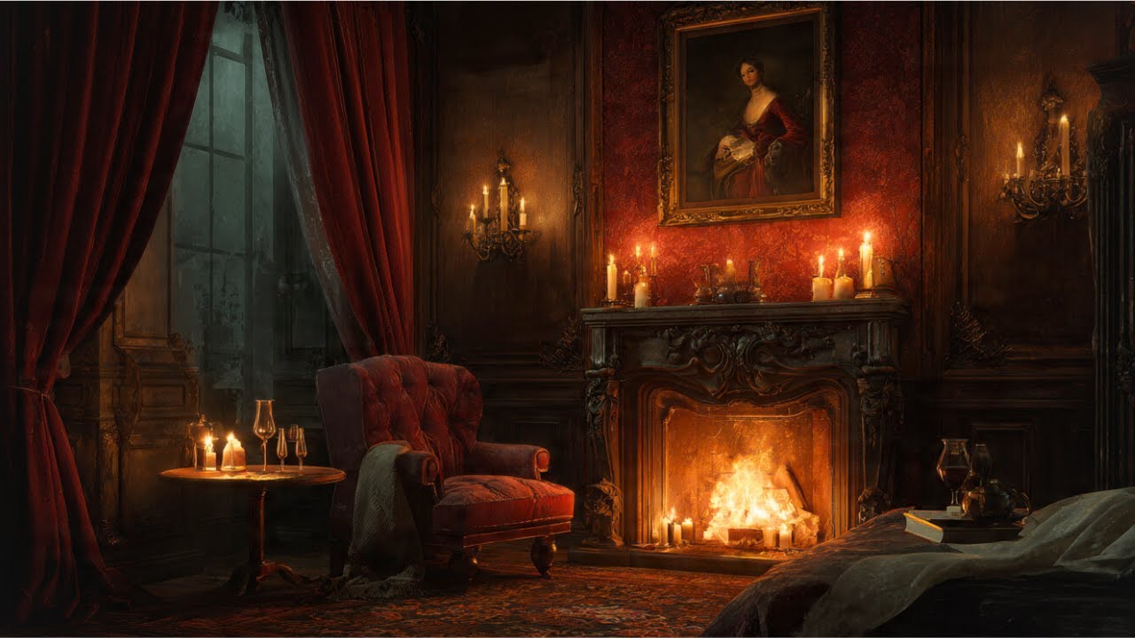Vampire Room Ambience 🩸 Fireplace Sounds at Night | Gothic Dark Cozy Room for Sleep (No Music)