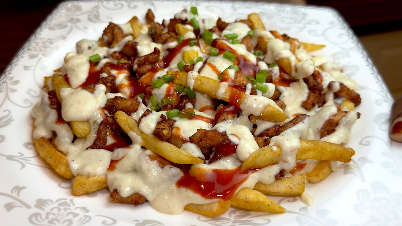 Chicken Loaded Fries With Cheesy White Sauce