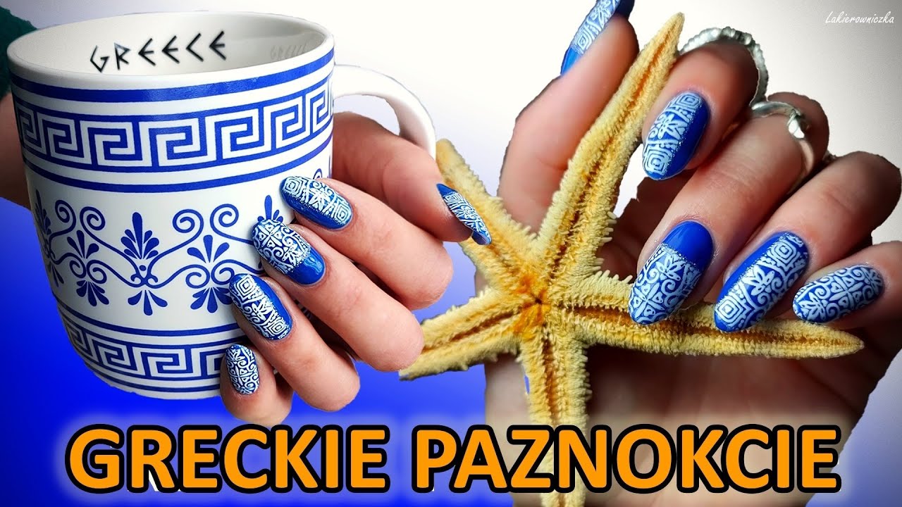 Stemplowanie arterem - moje greckie niebiesko-białe paznokcie