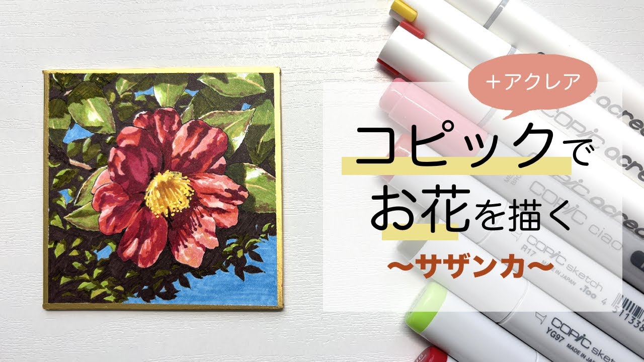 【コピックで風景画】サザンカの花を描く（メイキング）
