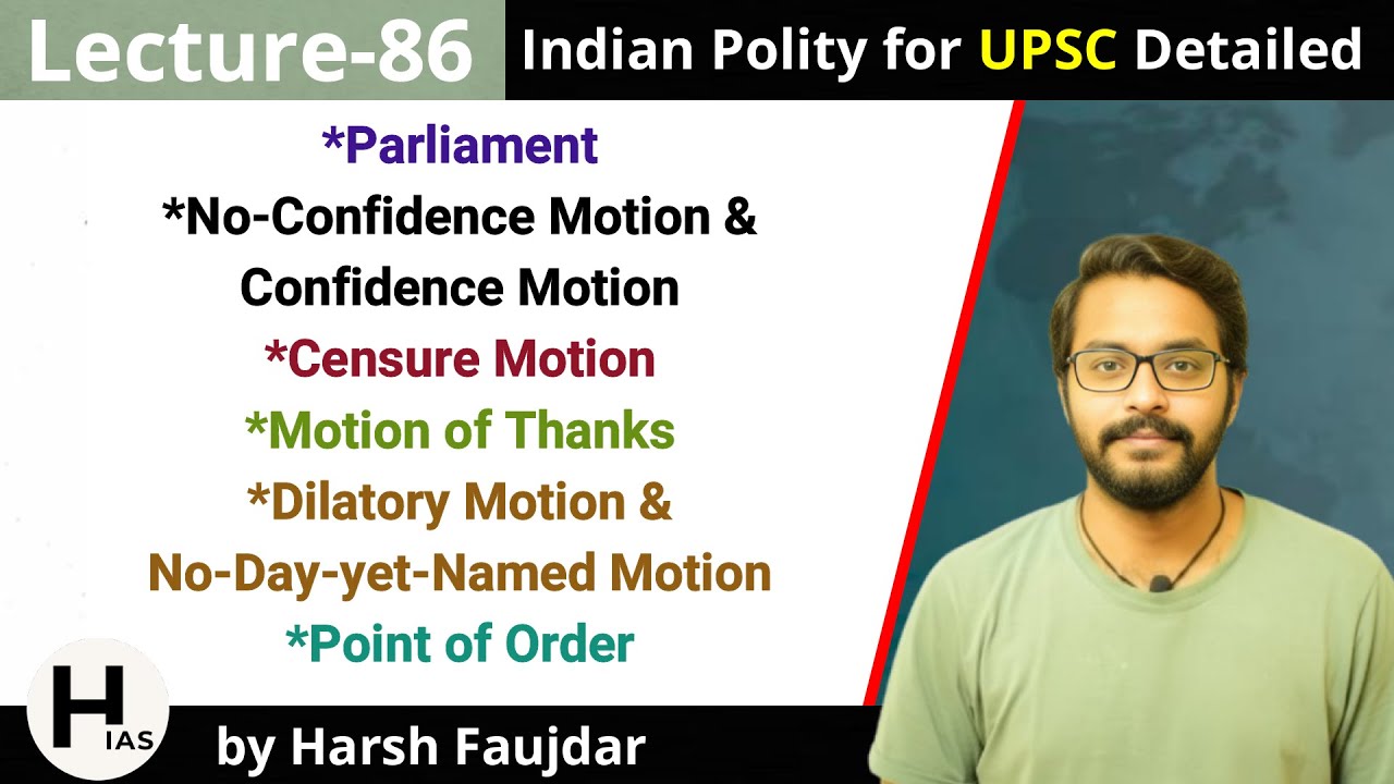 L86: No-Confidence Motion | Censure Motion, Motion of Thanks & Point of Order | Indian Polity UPSC