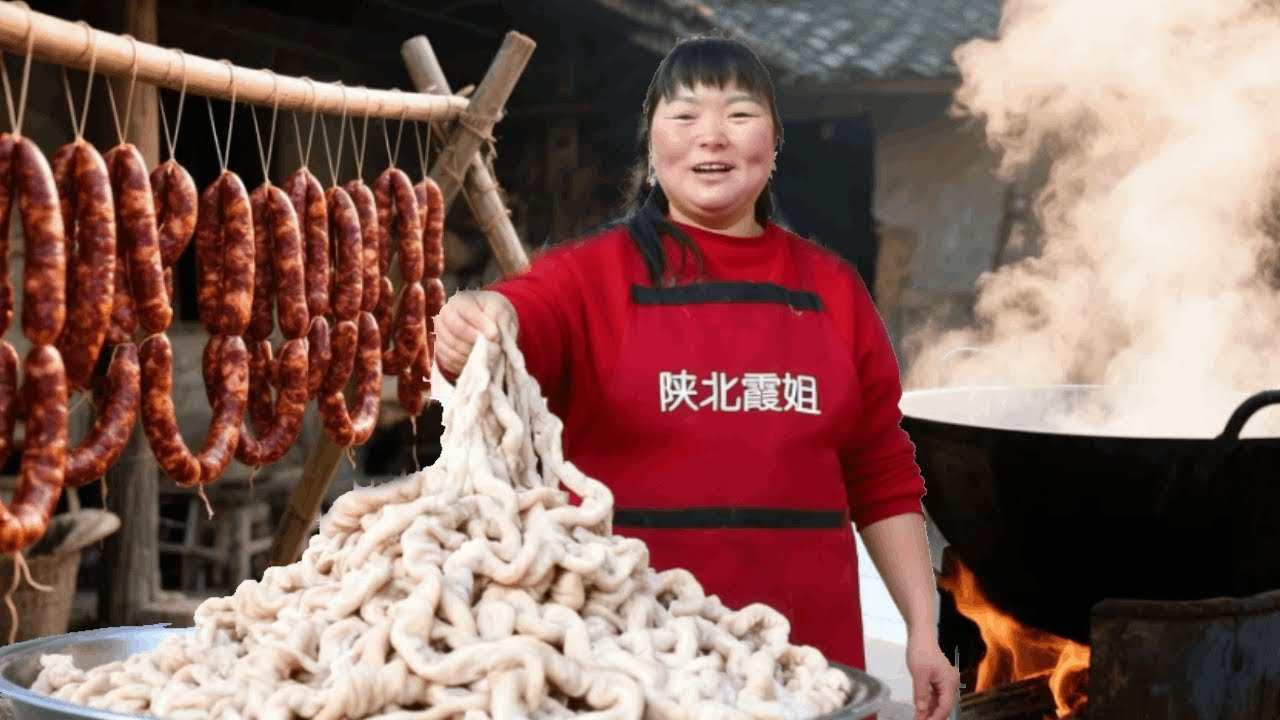 【陕北霞姐】霞姐用猪大肠做陕北特色美食灌肠，放入荞麦面和猪肉，蘸上蒜汁太香了！