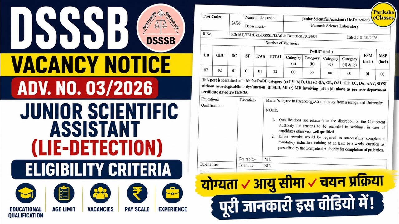 DSSSB Vacancy Notice Adv No. 03/2026, Junior Scientific Asst (Lie-Detection) Eligibility Criteria
