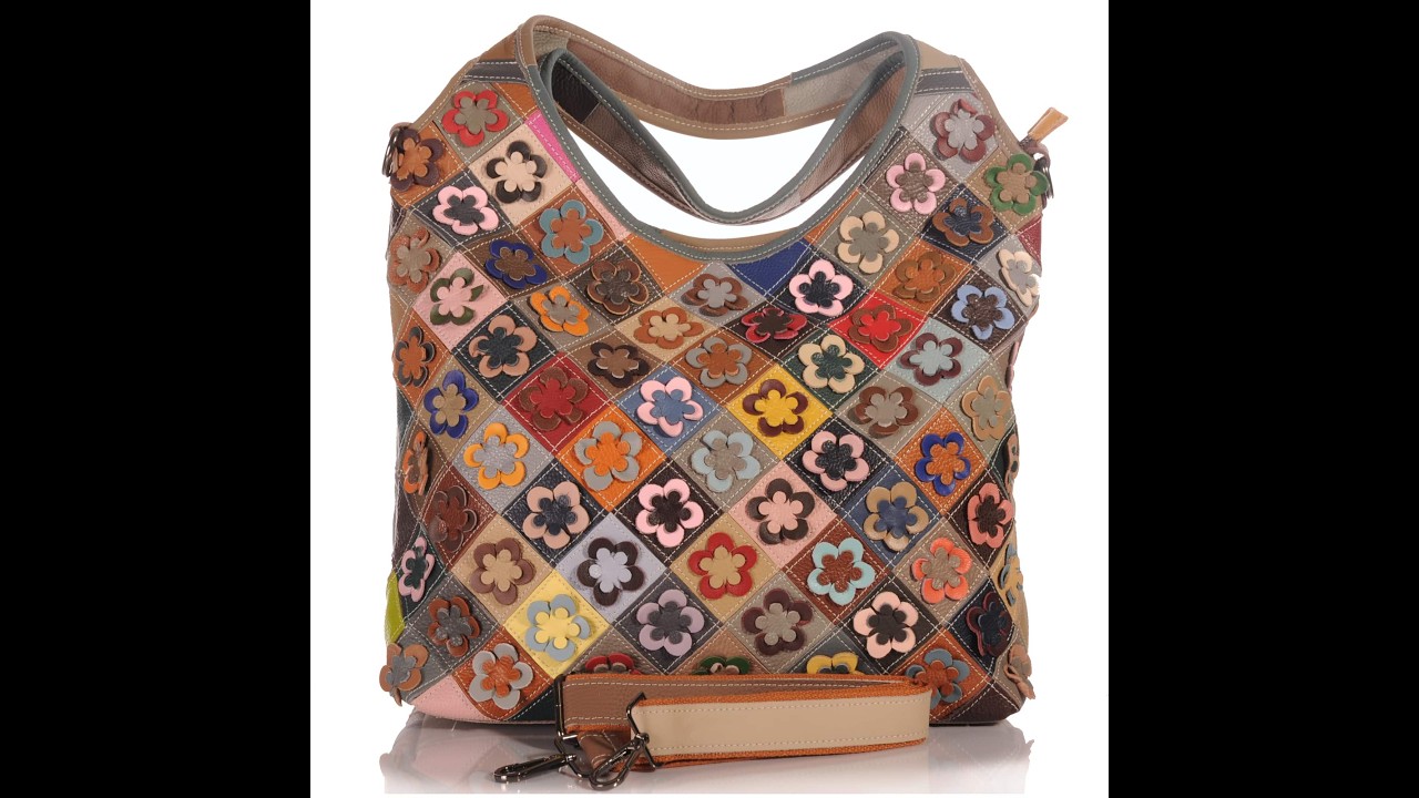 Damen Patchwork Leder Tasche mit Blumen-Applikationen | Shopper & Schultertasche 2-in-1