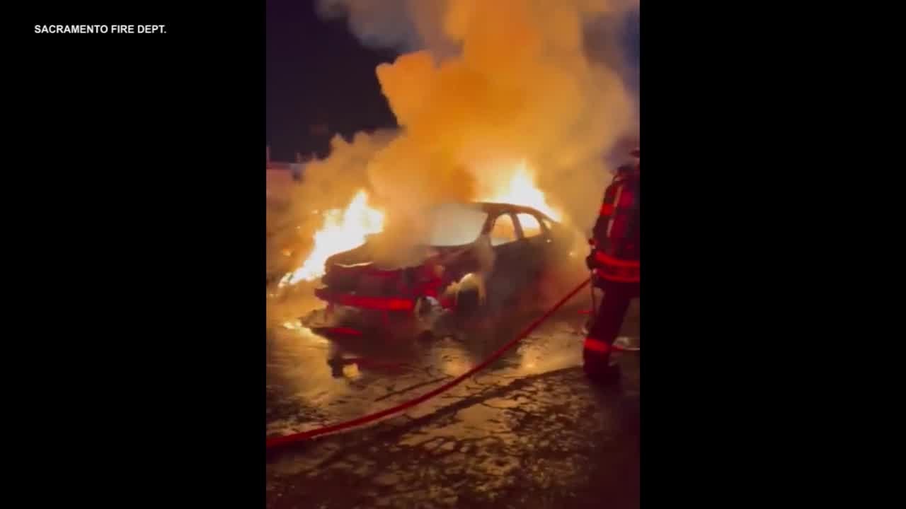 Firefighters Battle Flames At Sacramento Auto Parts Yard