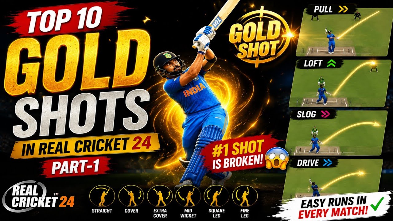 🏏 TOP 10 BEST GOLD SHOTS IN REAL CRICKET 24 🔥 | ALL DIRECTIONS GOLD SHOTS (PART 1)