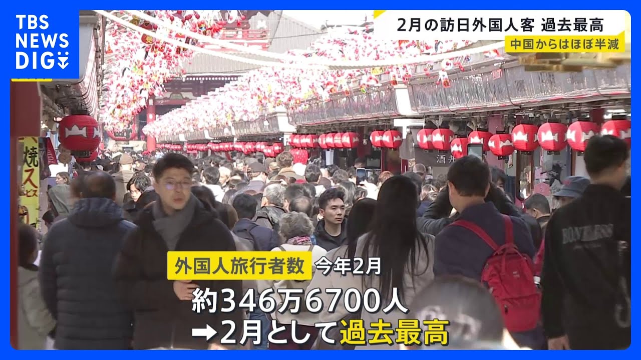 訪日外国人旅行者が2月として過去最高を記録　約346万6700人　韓国や台湾、香港からの旅行客が増加　中国からの旅行者は前年同月から45.2％減｜TBS NEWS DIG