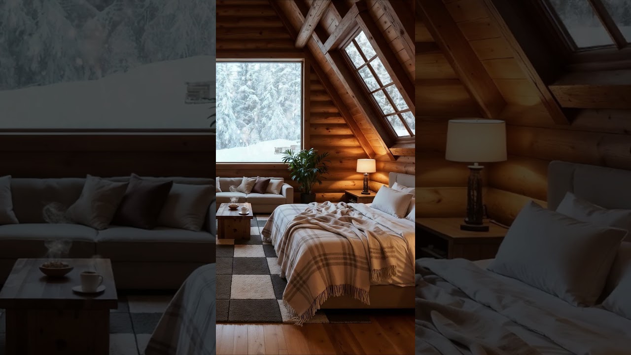 Cozy winter bedroom cabin with a dreamy fireplace and stunning snowy forest views! ❄🔥🏡