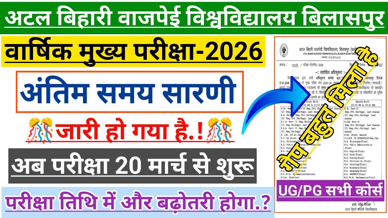 Bilaspur University Final Time Table 2026 | अंतिम समय सारणी जारी | परीक्षा 20 मार्च से शुरू