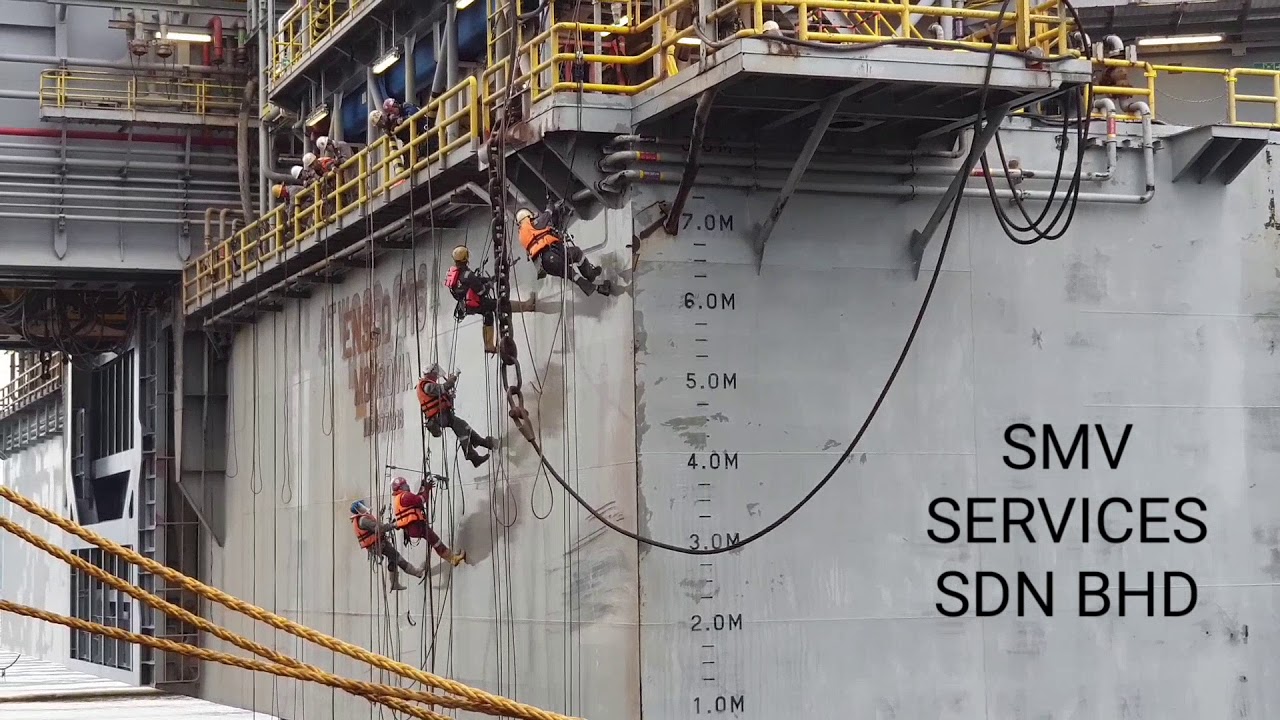 Hydro blasting with 30,000 psi using rope access