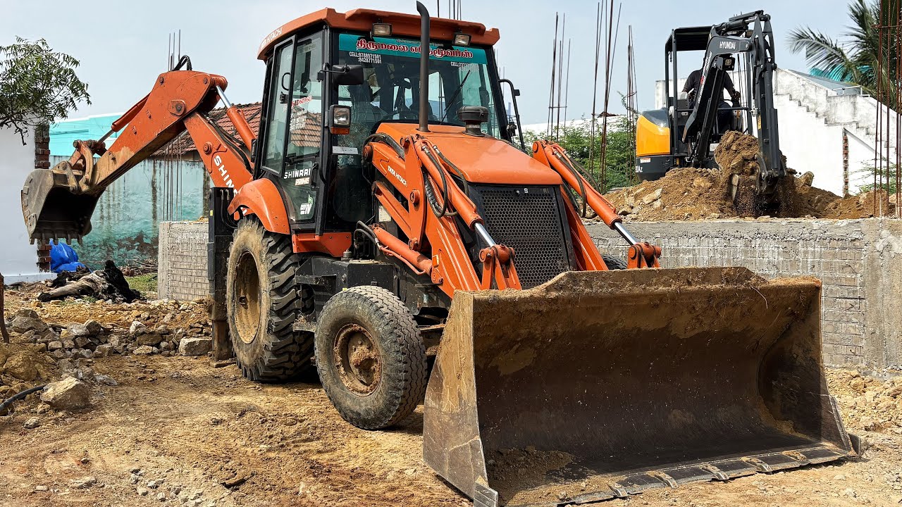 TATA SHINRAI HITACHI JCB VS HYUNDAI HX 30AZ BACKHOE LOADER NEW HOME FOUNDATION FRONTAGE MID FILLING 