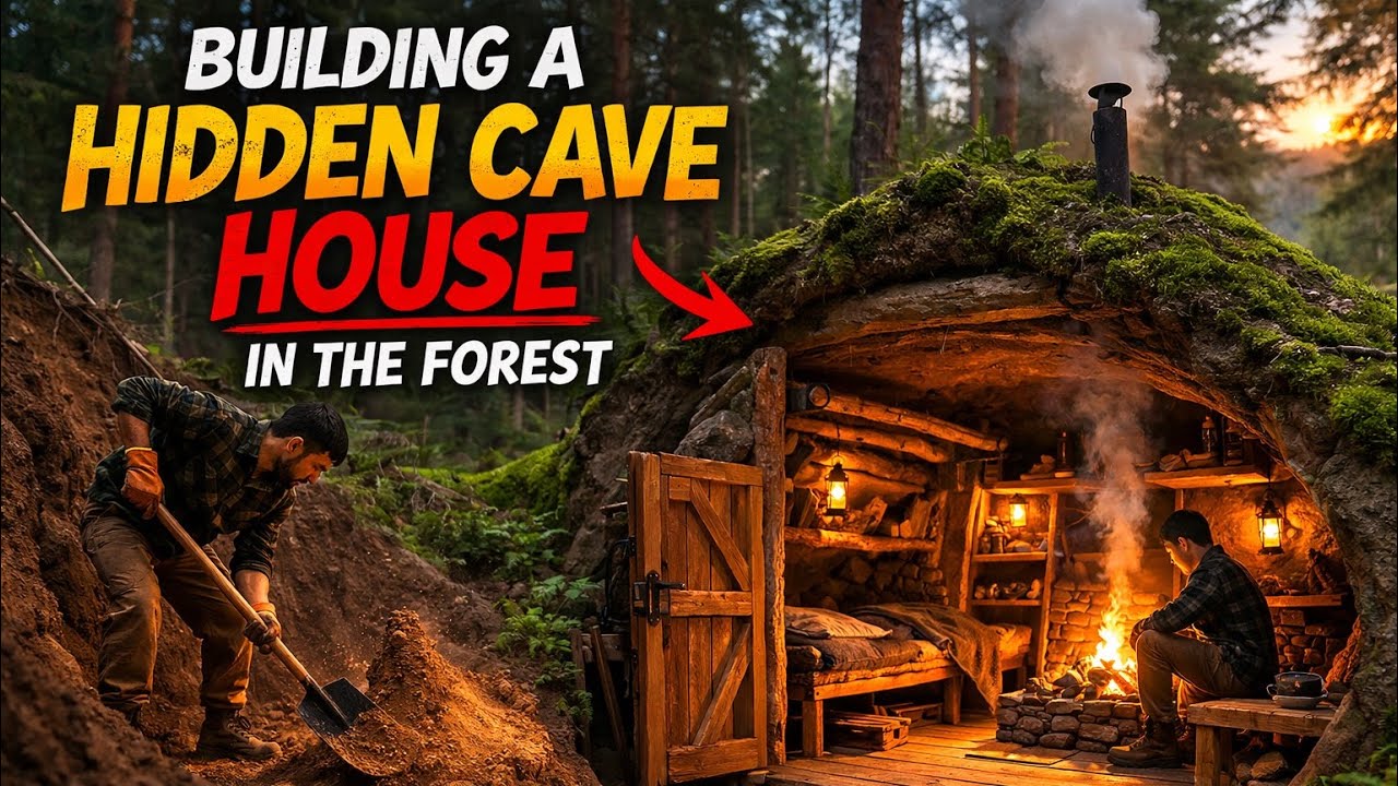 Building a Hidden Cave House in the Forest | Full Time-Lapse Survival Build