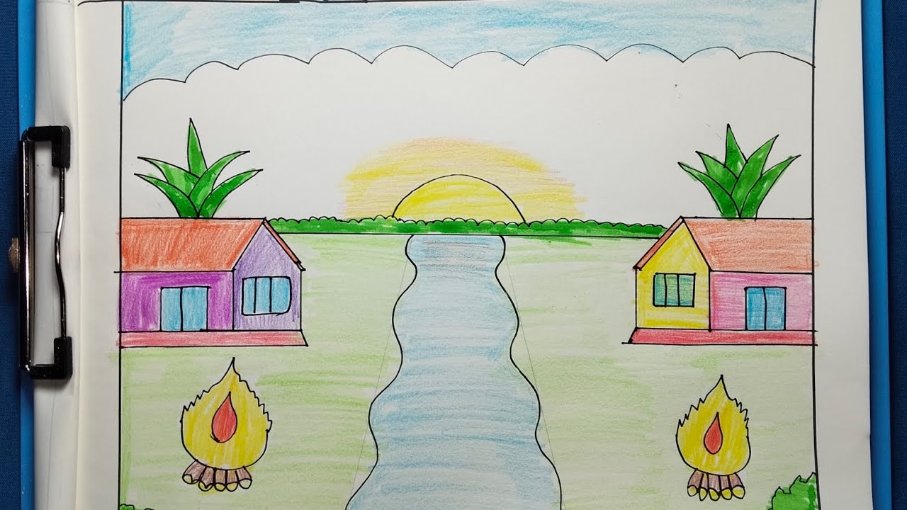 How To Draw A beautiful village scenery drawing 