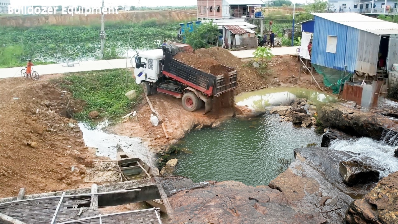 Start Opening Amazing Project! Landfill Delete Dirty Flood By Skills Dozer Pushing Stone Into Water