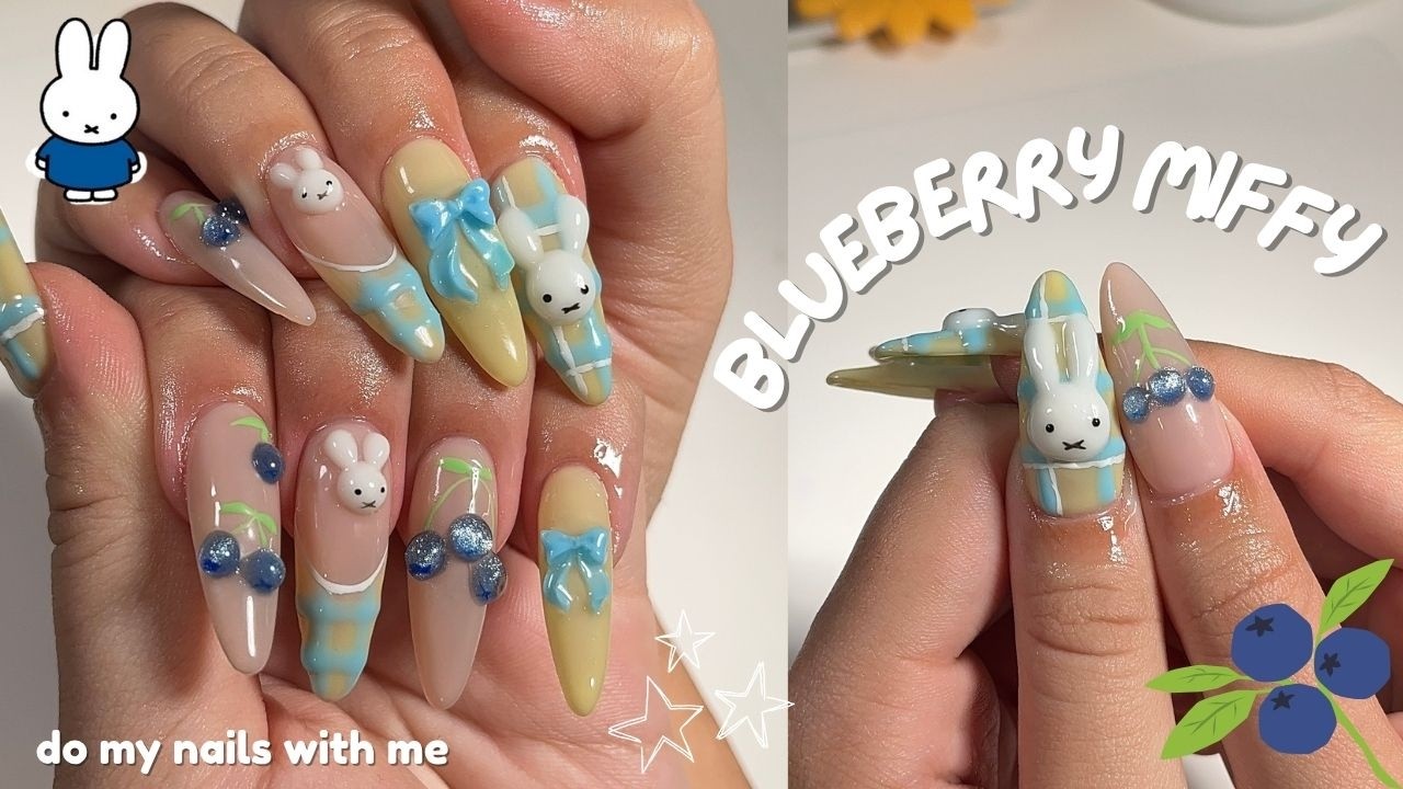 do my nails with me˙ ✩°˖🫐 ⋆｡ 𐙚 ̊. blueberry miffy nails, asmr, summer nails, 3D elements, etc