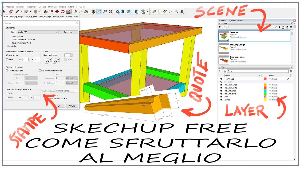 Risparmiare tempo con sketchup: Layer (tag), scene, quote e stampa rapida (anche per sketchup free)