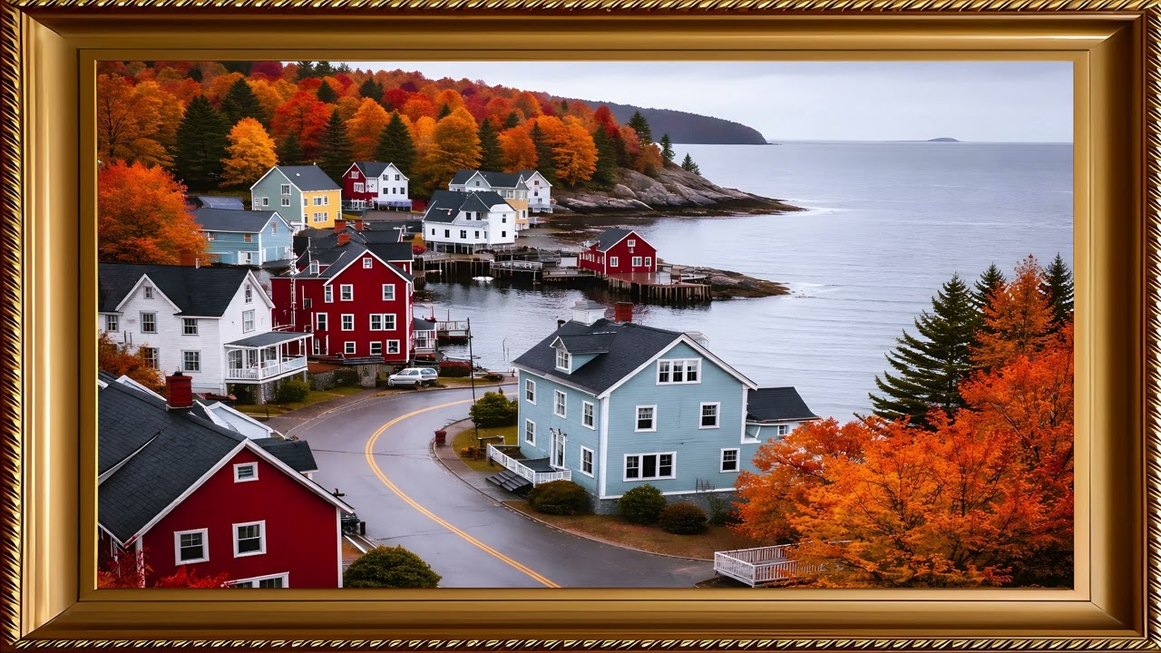 Charming Autumn Coastal Village 4K Art for TV (No Sound)
