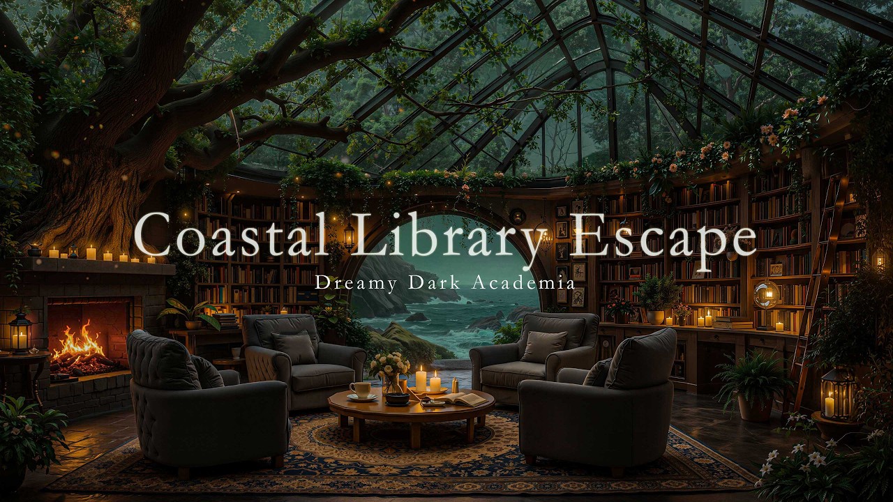 Quiet Rainy Night Seaside Library Caf&eacute; 🌊 Sad Piano for Reading & Deep Focus | Dark Academia Ambience