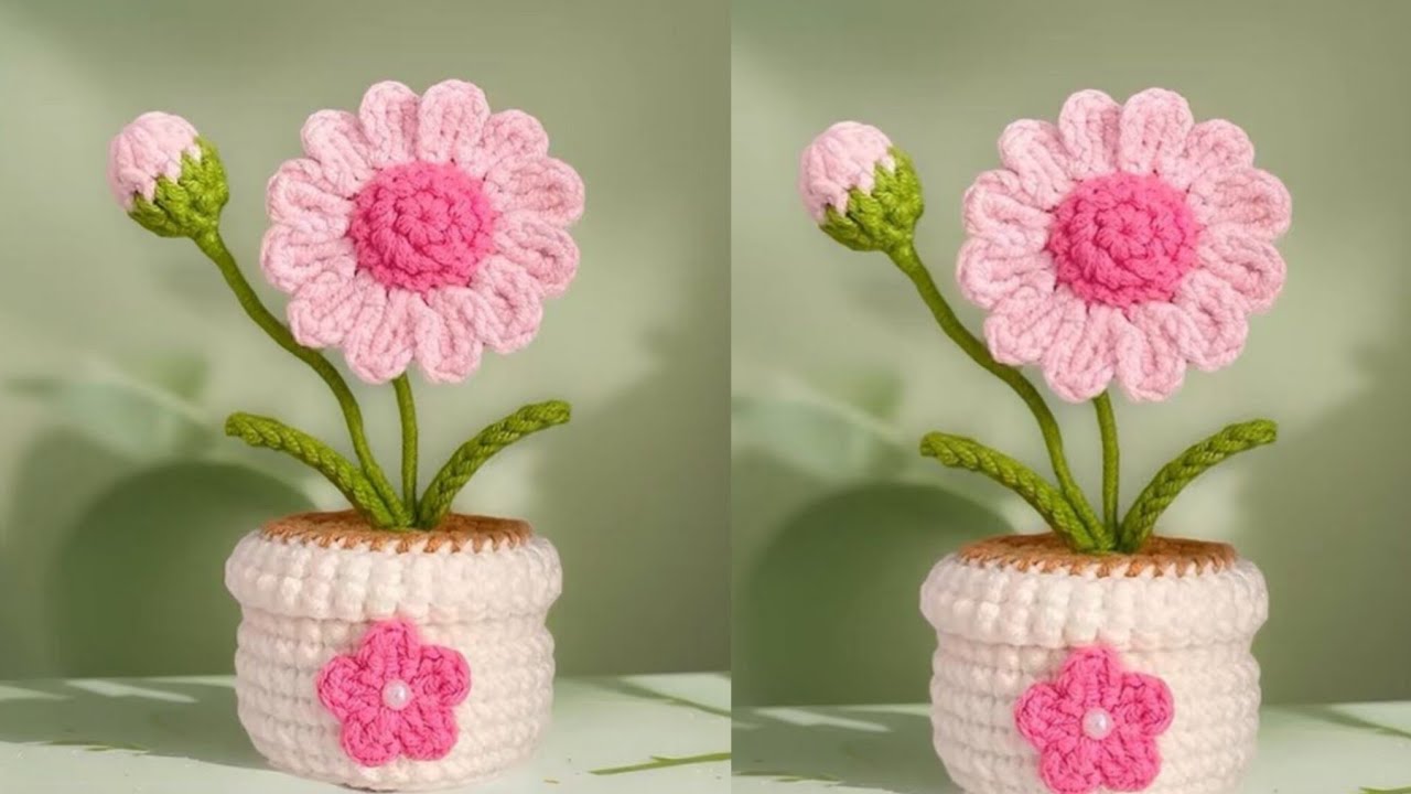 How to Crochet a Cute Flower Pot with Blooming Flower 🌸🧶 ll