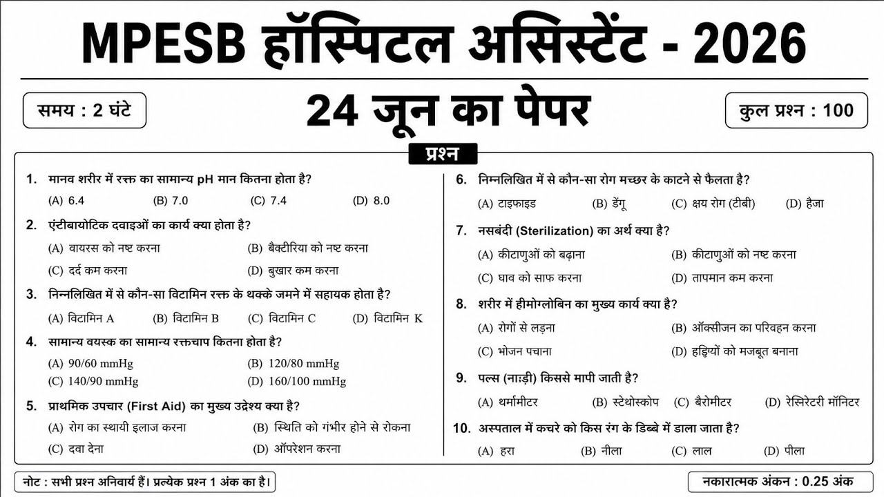MPESB Hospital Assistant 24 June 2026 ka Paper | MP Hospital Assistant previous year Question |