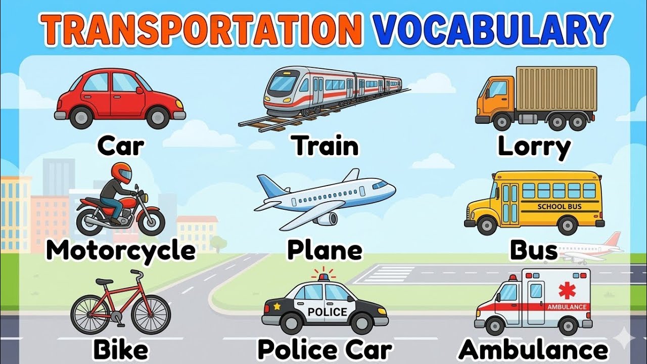 Transportation Vocabulary for Kids | Learn Car, Train, Bus, Plane, Bike & More | English Learning