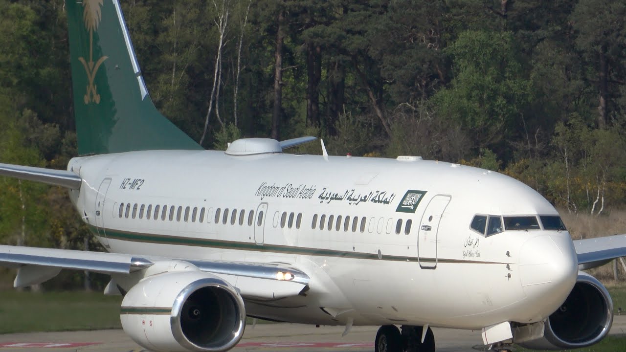 Farnborough. Saudia Royal Flight 737 departure. HZ-MF2.  Runway 06 departure. 3rd May 2023.