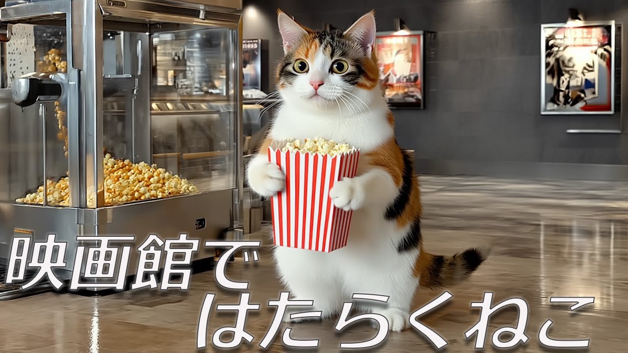 【はたらくねこ】映画館で働く三毛猫はな🐱おいしいポップコーンならお任せあれ🍿