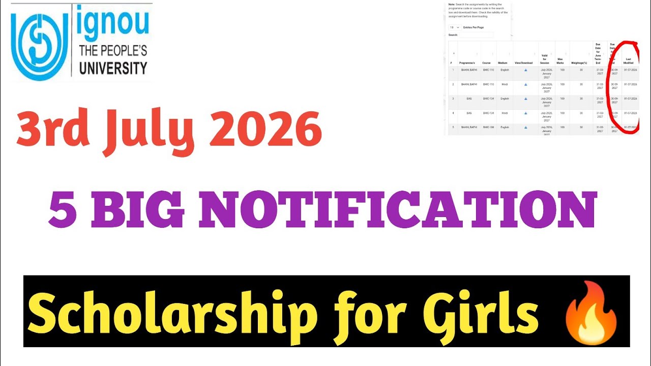 IGNOU 3rd July 2026 Scholarship for Girls 🔥 Grade card 
